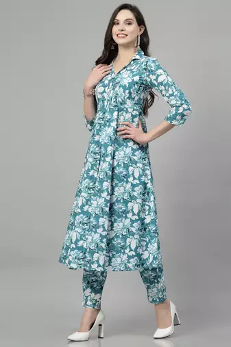 Seagreen printed cotton kurta set