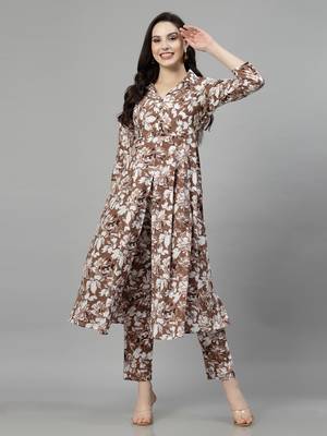 Coffee printed cotton kurta set 1