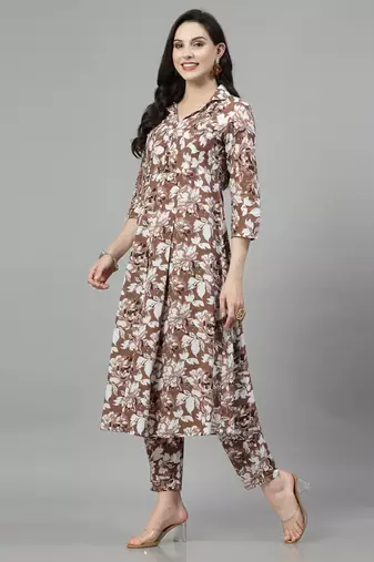 Coffee printed cotton kurta set