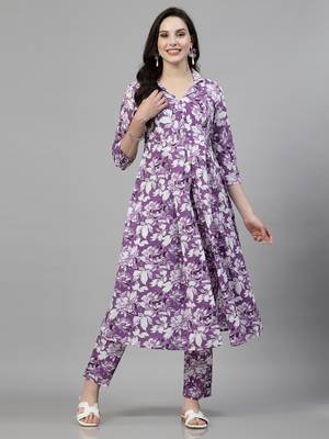 Purple printed cotton kurta set 1
