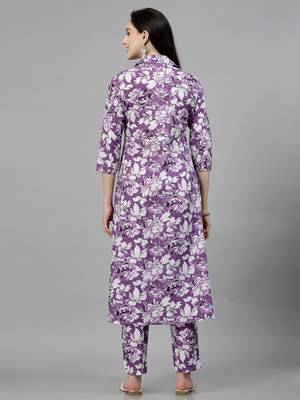 Purple printed cotton kurta set 2