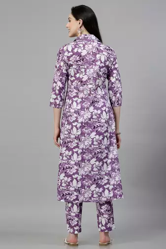 Purple printed cotton kurta set
