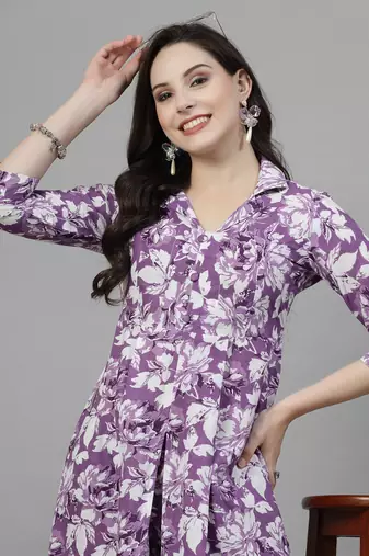 Purple printed cotton kurta set