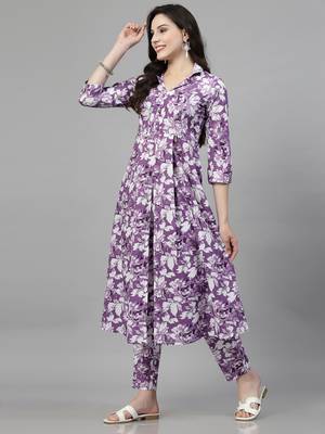 Purple printed cotton kurta set 4