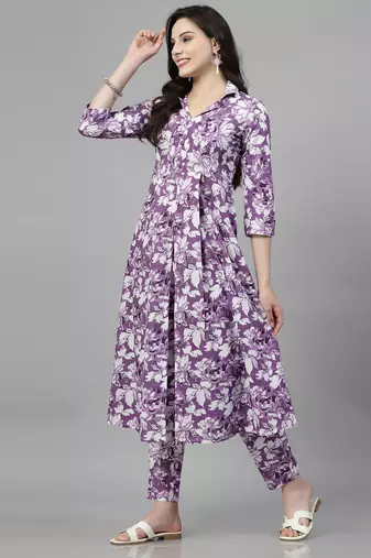 Purple printed cotton kurta set