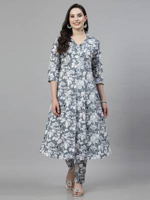 Grey printed cotton kurta set 1