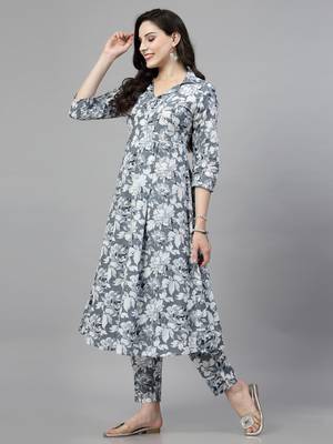 Grey printed cotton kurta set 4