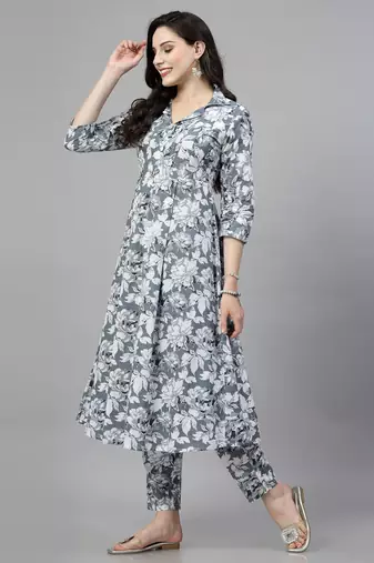 Grey printed cotton kurta set