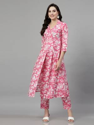 Pink printed cotton kurta set 1