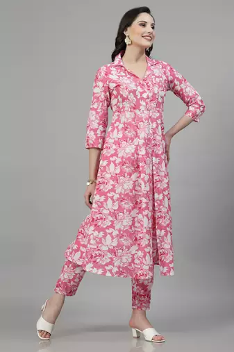 Pink printed cotton kurta set