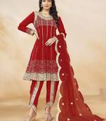 Red art silk heavy thread embroidery sequins work salwar kameez (fully free size stitched-44 size)