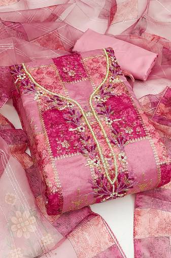 Manvaa women's pink unstitched sequence heavy organza dressaterial 