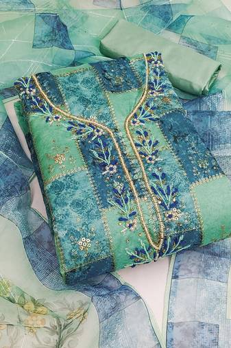 Manvaa women's sea green unstitched sequence heavy organza dressaterial 