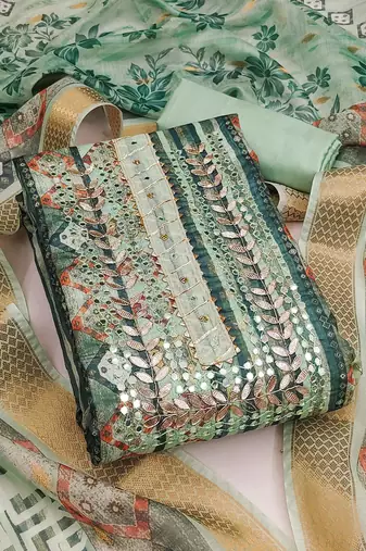 Manvaa women's sea green unstitched woven banarasi jacquard dressaterial 