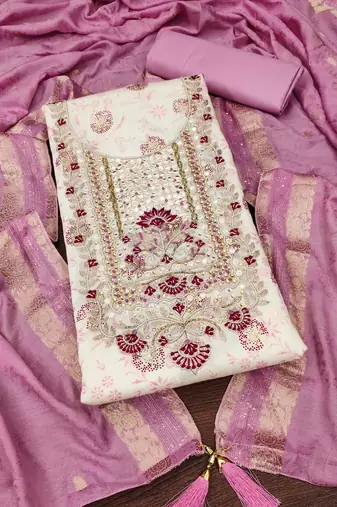 Manvaa women's off white woven heavyodal chanderi dressaterial