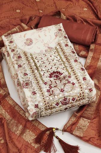 Manvaa women's off white unstitched woven heavyodal chanderi dressaterial 