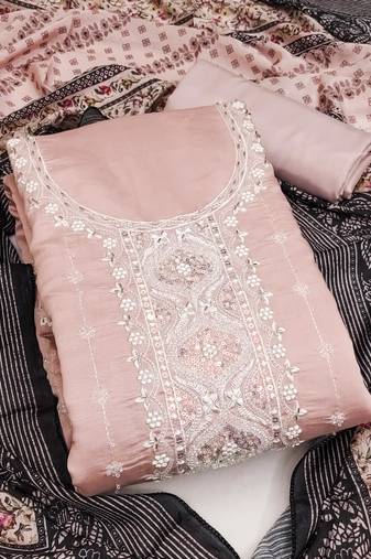 Manvaa women's peach unstitched sequence heavy roman silk dressaterial 