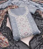 Manvaa women's grey unstitched sequence heavy roman silk dressaterial