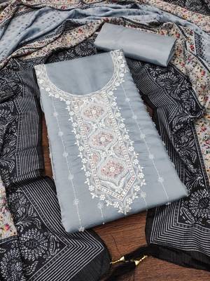 Manvaa women's grey sequence heavy roman silk dressaterial 3