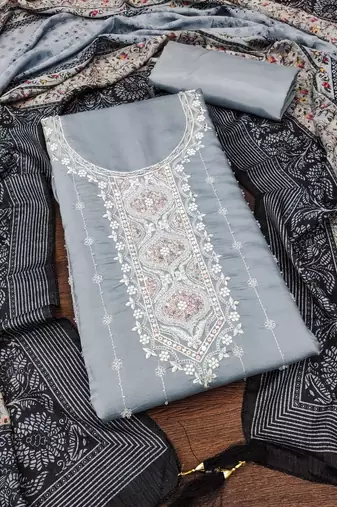 Manvaa women's grey sequence heavy roman silk dressaterial