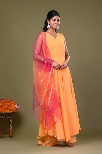  Peach Anarkali Dress with Tie and Dye Dupatta