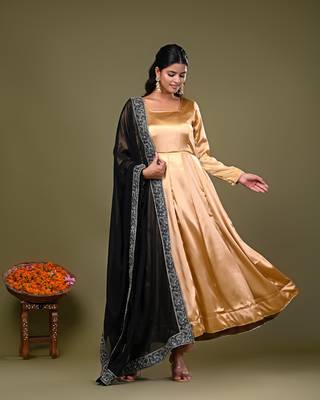Golden Satin Anarkali Suit Set with Black Embroidered Dupatta 1