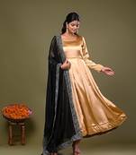 Golden Satin Anarkali Suit Set with Black Embroidered Dupatta