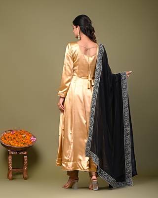 Golden Satin Anarkali Suit Set with Black Embroidered Dupatta 3