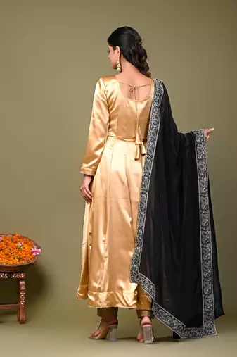 Golden Satin Anarkali Suit Set with Black Embroidered Dupatta