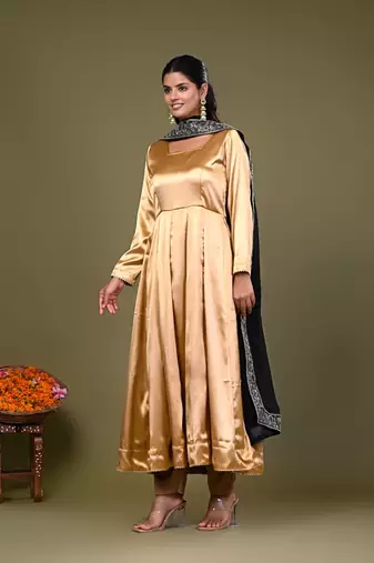 Golden Satin Anarkali Suit Set with Black Embroidered Dupatta