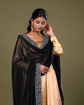 Golden Satin Anarkali Suit Set with Black Embroidered Dupatta 5