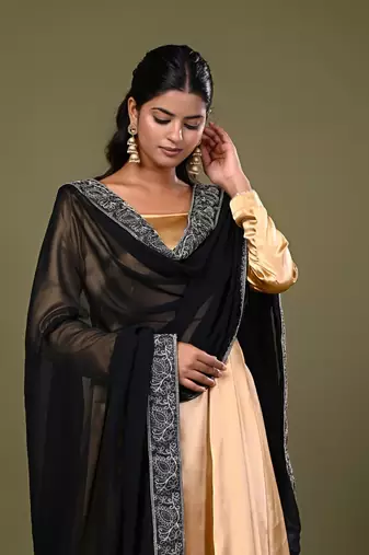 Golden Satin Anarkali Suit Set with Black Embroidered Dupatta