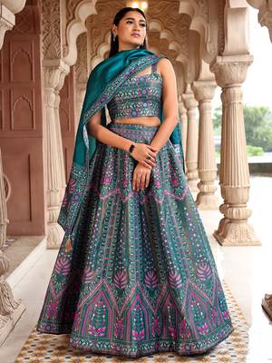 Teal Faux Kanjivaram silk blend Weaving Lehenga Choli 1