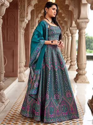 Teal Faux Kanjivaram silk blend Weaving Lehenga Choli 2