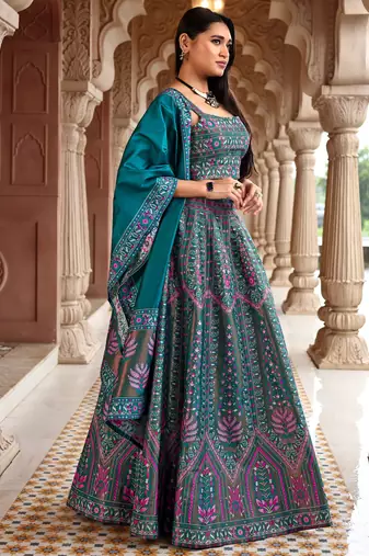 Teal Faux Kanjivaram silk blend Weaving Lehenga Choli