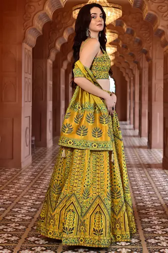 Mustard Faux Kanjivaram silk blend Weaving Lehenga Choli