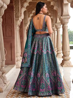 Teal Faux Kanjivaram silk blend Weaving Lehenga Choli 3