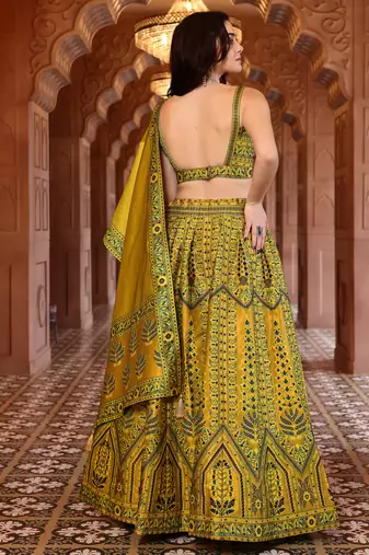 Mustard Faux Kanjivaram silk blend Weaving Lehenga Choli