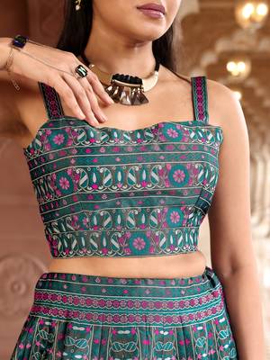 Teal Faux Kanjivaram silk blend Weaving Lehenga Choli 4