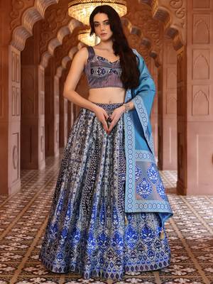 Grey & Blue Faux Kanjivaram silk blend Weaving Lehenga Choli 1