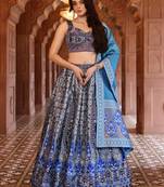 Grey & Blue Faux Kanjivaram Silk Weaving Lehenga Choli