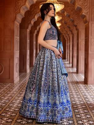 Grey & Blue Faux Kanjivaram silk blend Weaving Lehenga Choli 2