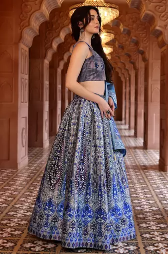 Grey & Blue Faux Kanjivaram silk blend Weaving Lehenga Choli