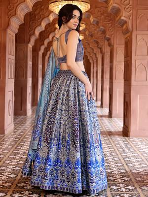 Grey & Blue Faux Kanjivaram silk blend Weaving Lehenga Choli 3