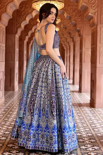 Grey & Blue Faux Kanjivaram silk blend Weaving Lehenga Choli