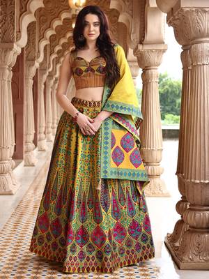 Lime Yellow Faux Kanjivaram silk blend Weaving Lehenga Choli 1