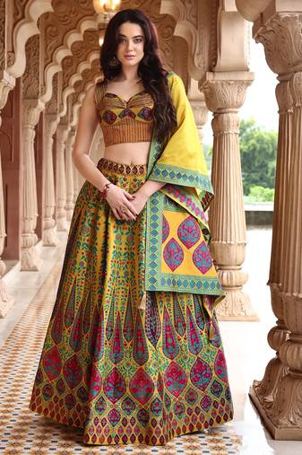 Lime Yellow Faux Kanjivaram Silk Weaving Lehenga Choli