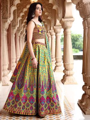 Lime Yellow Faux Kanjivaram silk blend Weaving Lehenga Choli 2