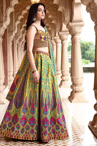 Lime Yellow Faux Kanjivaram silk blend Weaving Lehenga Choli