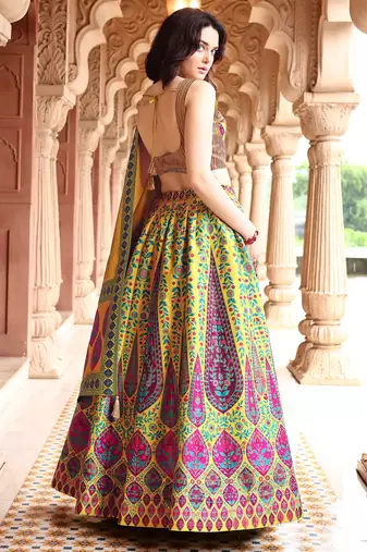 Lime Yellow Faux Kanjivaram silk blend Weaving Lehenga Choli